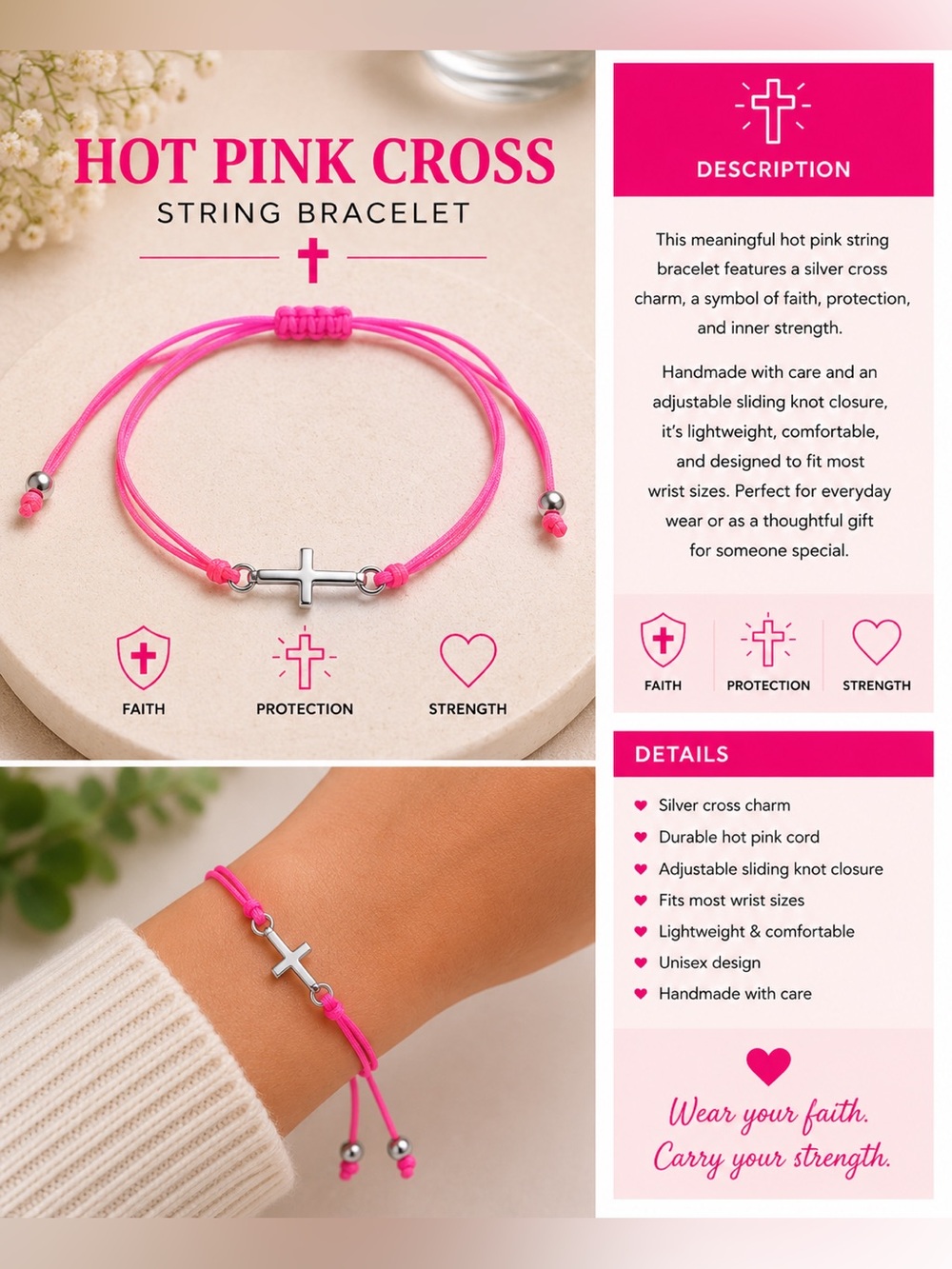 Hot Pink Cross String Bracelet - Silver Cross Charm